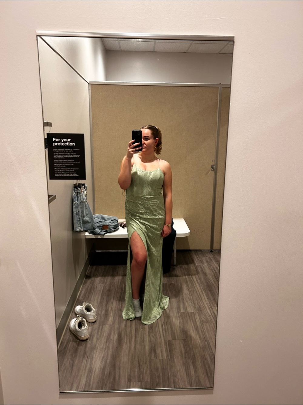 Macy's Light Green Satin Evening Gown with High Slit